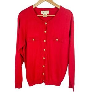 Vintage Cardigan Sweater Size M Red Knit Gold‎ Metal Buttons Twee Retro Preppy